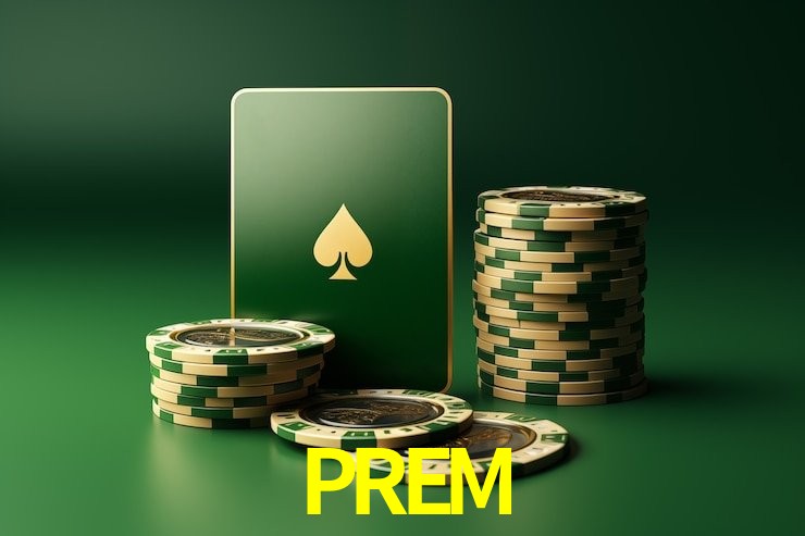 Una escena digital vívida inspirada en casino con PREM mostrado prominentemente, luces brillantes, fichas, cartas y acentos dorados.