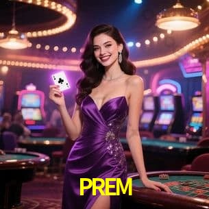 Escena dinámica inspirada en casino con iluminación PREM, cartas, fichas e íconos de juegos digitales en un espacio moderno de juegos.
